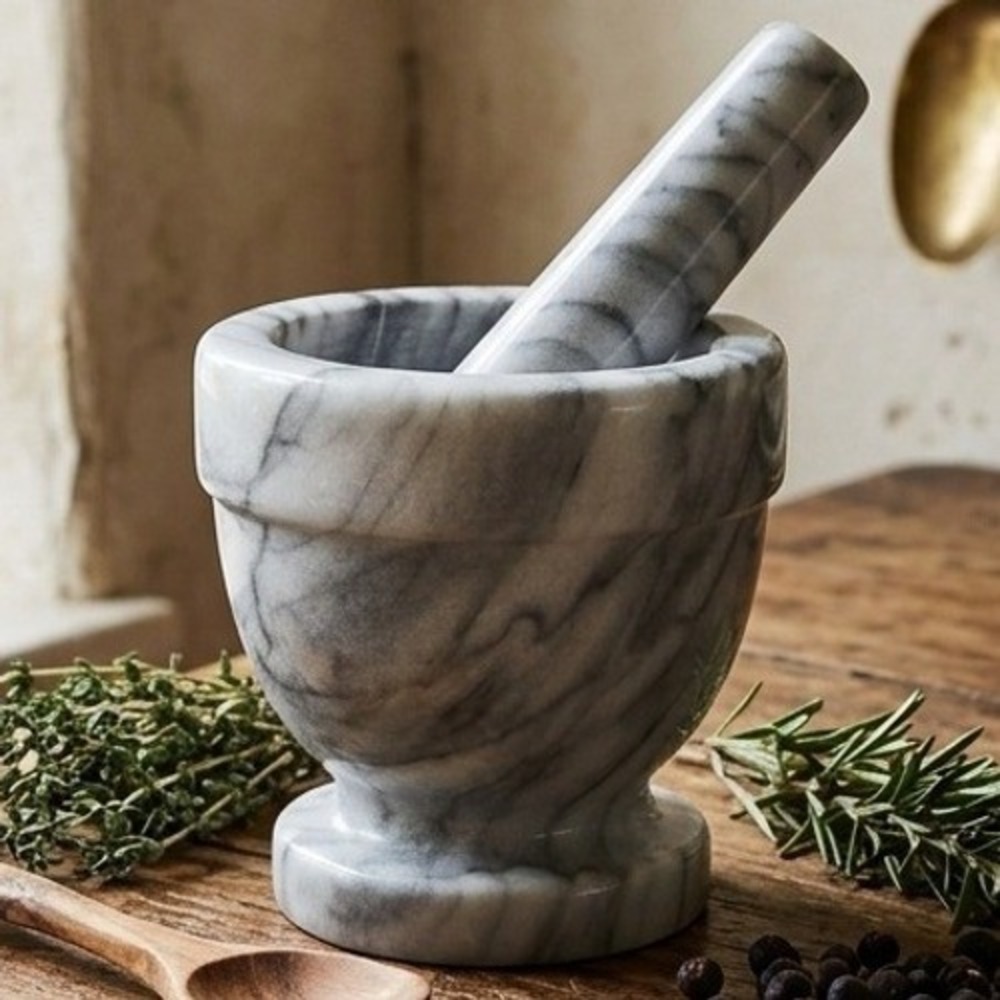 Grey White Marble Mortar and Pestle Set Natural Stone Herb Spice Grinder 4 inch